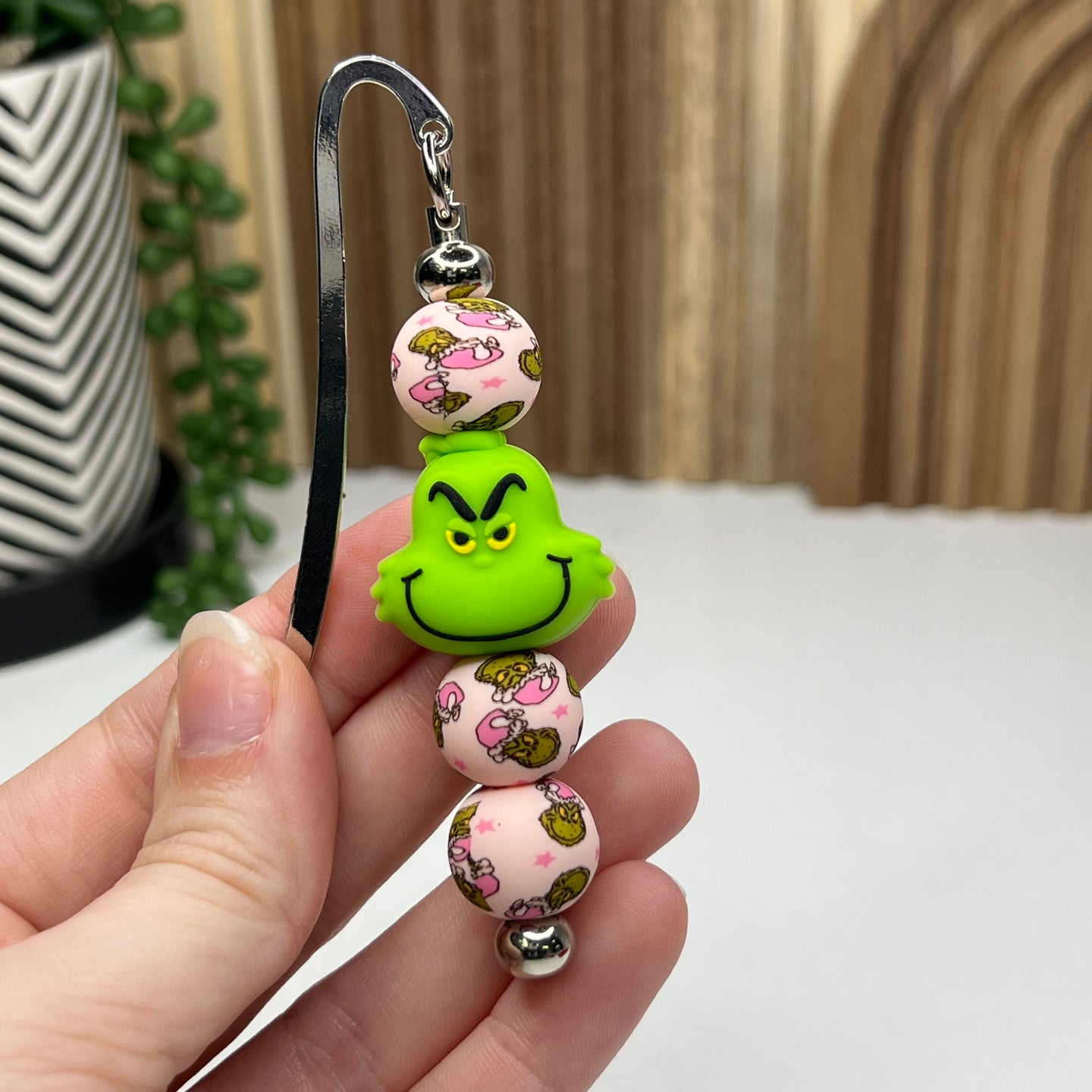 Pink Christmas Green Guy Beaded Bookmark
